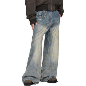 Jean large pour homme en denim foncé, coupe décontractée, taille haute, fermeture boutonnée, style streetwear, en coton tissé pour l'automne - Product Image 3