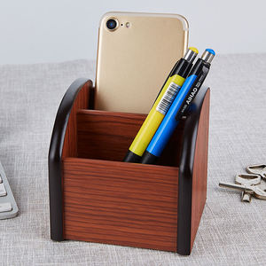 Bamboo <b>Rotating</b> Pen Stand and Organizer Square Desktop Wooden Pencil Storage Boxes with Clock for Office or Home Use - Product Image 5