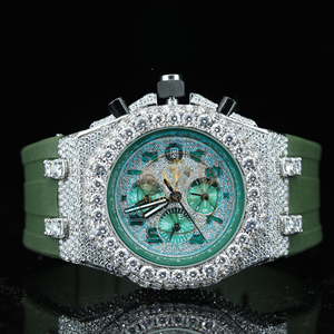 Luxury <b>Men's</b> Antique Green Camo Strap Moissanite Diamond Sapphire Crystal Quartz <b>Watch</b> Full Pave Iced Rose <b>Silver</b> Bezel Hip 20mm - Product Image 1