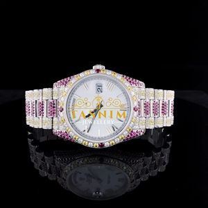 Montre Homme Entièrement Personnalisée en Acier Inoxydable Rouge et Jaune, Plaqué Diamant Blanc, Mouvement Quartz ETA, Verre 20mm, Style Hip-Hop - Product Image 1