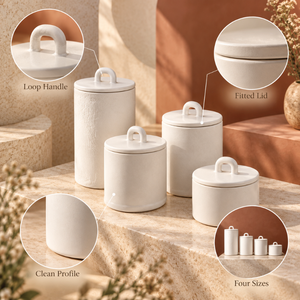 White Ceramic <b>Canister</b> <b>Set</b> Lids Loop Handles Food Storage Containers Kitchen Countertop Organizer 2 Piece <b>Set</b> Handcrafted Modern - Product Image 3
