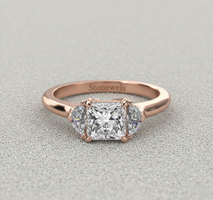 Anillo de Compromiso de Oro de 14K con Diamante Cultivado en Laboratorio, Corte Radiante, Diamante Central, Piedras Laterales en Forma de Media Luna, Anillo de Novia de Tres Piedras - Product Image 2