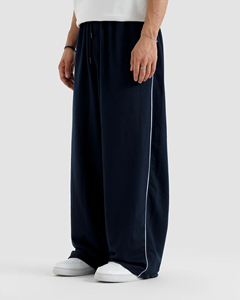 Pantalon de jogging décontracté pour homme, bleu marine, coupe large, en molleton, avec taille élastique tissée, braguette zippée, rayures latérales, imperméable, automne - Product Image 2