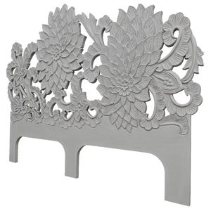 Cabecero de Cama King Size Tallado a Mano en Madera con Diseño Floral, Estilo Boho Costero, Decoración para el Hogar, Acabado Gris - Product Image 1