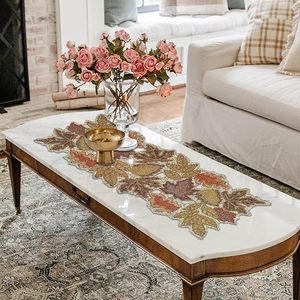 Embroidered Autumn Leaf Table Runner Modern Home Decor Polyester Washable Plant Pattern - Product Image 5
