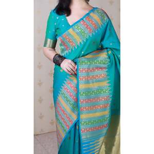Sari en soie douce bleu aqua Meenakari Zari tissé avec bordure de temple, chemisiers et chemises pour femmes - Product Image 2