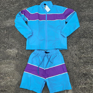 Ensemble de survêtement personnalisé pour homme grande taille, respirant, imprimé, veste zippée et short bleu, deux pièces, léger, coupe-vent thermique - Product Image 1