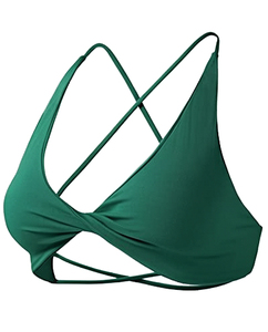 Soutien-gorge de sport dos croisé vert pour femme, dos évidé, fines bretelles, couleur unie, sexy, pour yoga et fitness, logo avant, maintien léger, amovible - Product Image 1