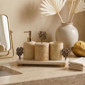 Ensemble de salle de bain en marbre fiable avec accents en laiton corail, plateau d'accessoires rectangulaire de luxe en trois pièces pour la décoration de la salle de bain - Product Image 6