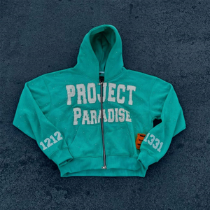 OEM Custom High Quality Winter Vintage Woven Boxy All Over Screen Printing Rhinestone Beaded Zip-Up Men's Cotton Fleece Hoodie - Product Image 1