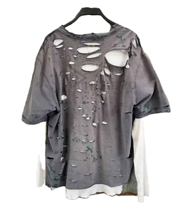 Camiseta de Hombre Personalizada al por Mayor, Estilo Vintage, Lavado Desgastado, Rota, de Gran Gramaje, con Efecto de Capas, Estilo Grunge Streetwear, con Agujeros - Product Image 1