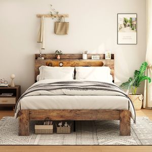 Letto Matrimoniale in Legno con Testiera Illuminata a LED e 2 Porte USB, Silenzioso, Senza Necessità di Rete a Doghe, con Contenitore - Product Image 2