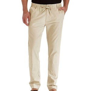 Pantalon décontracté en coton Oxford bleu clair pour homme, taille élastique avec cordon de serrage, devant plat, poches latérales, respirant, idéal pour l'été - Product Image 3