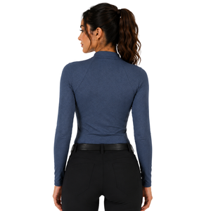 Camiseta de equitación para mujer, azul pizarra, estampada, de manga larga, con cremallera de un cuarto, elástica y transpirable - Product Image 2
