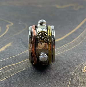 Handmade Multi Tone 925 <b>Silver</b> <b>Spinner</b> <b>Ring</b> Featuring Pearl Comfortable Wear Any Occasion - Product Image 2