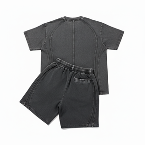 2026 Premium Summer Casual Washed Black Solid Paneled 100% Cotton Terry Eco-Friendly Front Logo Two-Piece T-Shirt & Short <b>Set</b> - Product Image 2
