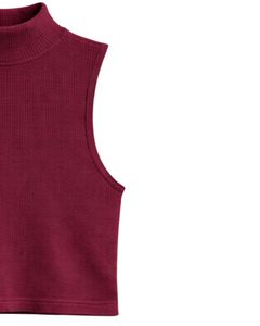 Top corto sin mangas de cuello alto acanalado rojo vino personalizado, ajustado, elástico, informal, de verano, para mujer, chaleco de moda - Product Image 3