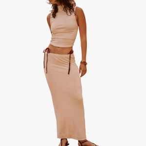 Wholesale 2026 Women's Casual A-Line Maxi <b>Skirt</b> Beige High Waisted <b>Elastic</b> Fabric <b>Skirt</b> Knitted Mock Neck Top Maxi <b>Skirt</b> Sets - Product Image 1