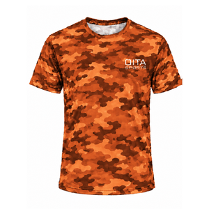 เสื้อยืดลายพรางสีส้มไหม้สำหรับผู้ชาย แขนสั้น คอกลม พิมพ์ลายพราง เหมาะสำหรับกิจกรรมกลางแจ้ง ออกกำลังกาย ฟิตเนส และกีฬา - Product Image 1