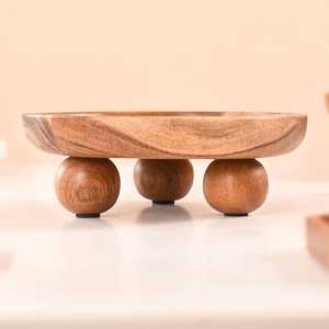 Plateau décoratif en bois d'acacia poli pour salades de fruits, collations ou fruits secs, thé, café, plateau de service rond en bois - Product Image 2