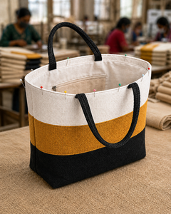 Bolsa de Compras de Yute Premium Tricolor Mostaza, Blanca y Negra con Asas Negras |   Cierre Abierto Elegante y Ecológico para Uso Diario - Product Image 4
