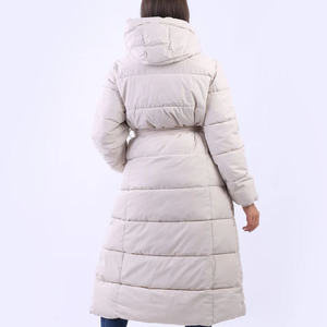 Women's Long Quilted Hooded Puffer Jacket With Belt Closure <b>Thick</b> <b>Winter</b> <b>Coat</b> Full Sleeve Solid Color Polyester Wadding - Product Image 2