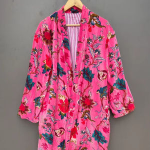 Bata Kimono de Algodón 100% Tejido con Estampado de Dibujos Animados para Mujer, Camisón de Verano Hecho a Mano, Cuello en V, Cintura Elástica, Largo Completo, ODM - Product Image 1