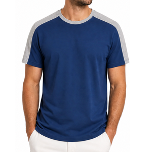 Camiseta clásica personalizada con logo OEM para hombre, manga raglán, panel de hombro en contraste, azul real, gris, lisa. - Product Image 1