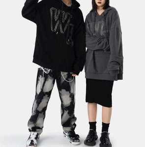 High Quality Custom Rhinestone Hoodie Oversized Streetwear Unisex Heavyweight Cotton Pullover <b>Hip</b> Hop Crystal Letter Sweatshirt - Product Image 5