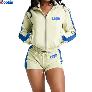 Ensembles de survêtements courts d'été Hip Hop pour femmes, 2 pièces, veste à fermeture éclair et shorts, 100% coton respirant, séchage rapide, écologiques, manches longues - Product Image 4