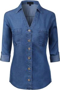 Chemise en jean boutonnée pour femme, manches trois quarts, col rabattu, couleur unie, chemisier décontracté pour tous les jours - Product Image 1