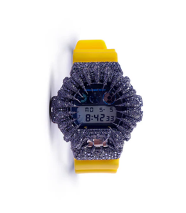 Montre numérique de luxe en acier inoxydable, verre jaune, lunette en pierres précieuses noires, cadran de 38 mm, résistance à l'eau 10 bars, unisexe - Product Image 1
