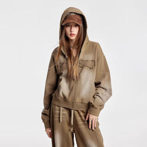 Custom Designer Ladies Embroidery <b>Zip</b> <b>up</b> Acid Wash <b>Crop</b> Sweatsuits Tracksuits Sets Flared Sweatpants and Hoodies Sets Women - Product Image 4