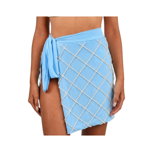 Hot Sale Light <b>Blue</b> Asymmetrical Swim Cover Up With Fish <b>Beading</b> Embroidery Textured Knitted Sarong for Women's Swimwear - Product Image 2