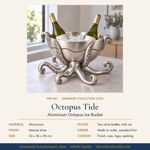 Seau à glace en aluminium moulé fait main en forme de pieuvre, refroidisseur à vin sur pied, bol créature marine, décoration de bar et de fête sur le thème côtier - Product Image 2