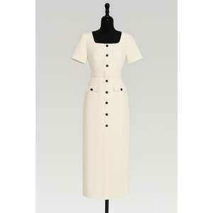 Robe crayon élégante beige sur mesure à col carré, longueur midi, manches courtes, taille haute, avec fente boutonnée sur le devant, idéale pour le bureau - Product Image 1