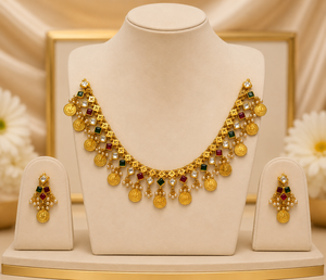 Gold Coin <b>Necklace</b> and Earring Set <b>Ruby</b> Emerald Pearl Drop Jewelry Match Wedding Party Gift for Women - Product Image 1