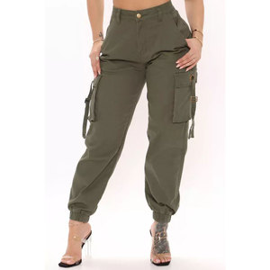 Pantalon cargo d'hiver en molleton brodé vert olive pour femme, taille haute, cordon élastique, coupe régulière, longueur intégrale, couleur unie - Product Image 2