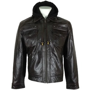 Veste en cuir véritable à capuche marron pour homme - Product Image 1