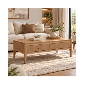 Mesa de Centro Moderna para Sala de Estar de la Colección ELYSIUM, 2 Cajones, Construcción de Madera, Acabado Natural, Muebles Personalizados - Product Image 1