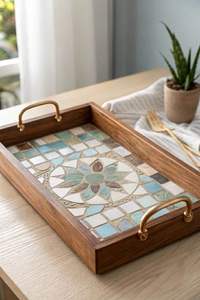 Plateau décoratif en bois de manguier avec impression émaillée, design de haute qualité, plateau de service en bois, plateau à impression émaillée à prix très bas - Product Image 3