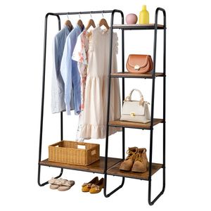 Free Standing Metal <b>Clothes</b> <b>Rack</b> with 5 Wood Shelves Sturdy Over Door Garment <b>Rack</b> in Black Color - Product Image 5