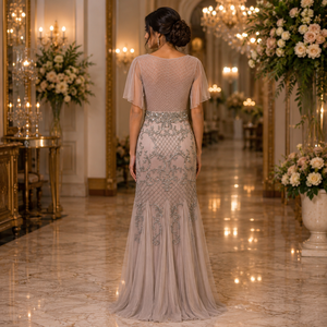 Luxury Women Champagne Embroidered Evening Gown Elegant V Neck Mermaid Maxi Dress Premium Designer Party Wear Wedding Reception - Product Image 4
