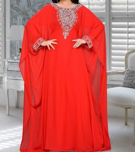 Abaya rouge perlée en polyester pour femmes adultes, décontractée, longue jusqu'au sol, à manches longues, col montant, modeste, pour soirée, grande taille, Moyen-Orient - Product Image 2