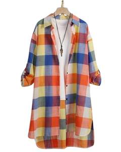 Vestido Camisero Largo a Cuadros Multicolor Personalizado para Mujer, Estilo Túnica Casual con Botones, Holgado y de Gran Tamaño, en Algodón y Lino - Product Image 1