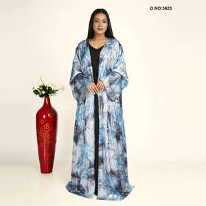 Abaya tipo cárdigan de satén suave de primera calidad, larga, elegante, ligera, a la moda, formal, disponible para la venta. - Product Image 1