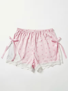 Pink Star Print Breathable Knitted Shorts with Lace Trim and Bow Detail High Waist Women's Sweet Style Casual - Product Image 5