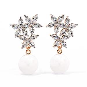 Marquise Floral Pearl Drop <b>Earrings</b> – 2.4ctw CVD Lab Diamond 10K 14K 18K Solid <b>Rose</b> <b>Gold</b> South Sea Pearl <b>Studs</b> - Product Image 1