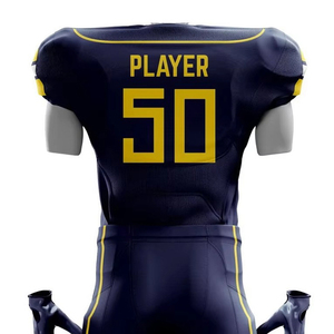 Ensemble uniforme de football américain pour hommes, maillot et pantalon sublimés bleu marine et jaune, ajustés, en polyester respirant et anti-humidité - Product Image 5