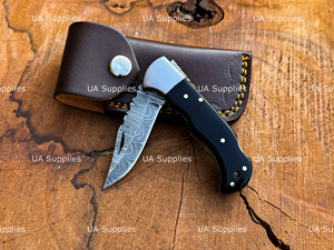 UA Supplies Handmade Damascus Steel Hunting Folding Knife Wood Handle Clip Point Blade Slide Open Mechanism Razor Sharp OEM - Product Image 4